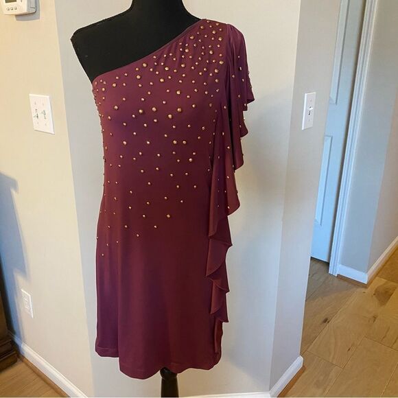 Halston Heritage purple studded dolman sleeve one shoulder dress in plum size 6 - Picture 1 of 13